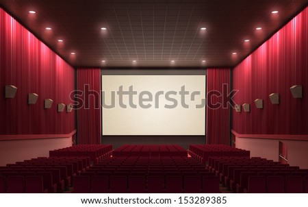 3d render cinema stage (sound system, spectacular lighting, upholstered in red fabric)