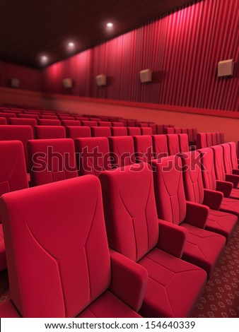 3d render cinema stage (sound system, spectacular lighting, upholstered in red fabric)