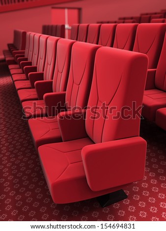 3d render cinema stage seats depth of field (sound system, spectacular lighting, upholstered in red fabric)