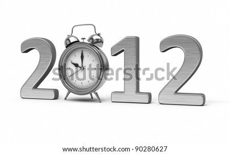 New Year 2012 and Alarm Clock silver (isolated on white and clipping path)