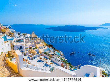 View To The Sea And Volcano From Fira The Capital Of Santorini Island In Greece
