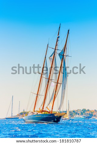 A really big 3 mast old classic wooden sailing boat during a Classic Boats Regatta in Spetses island in Greece