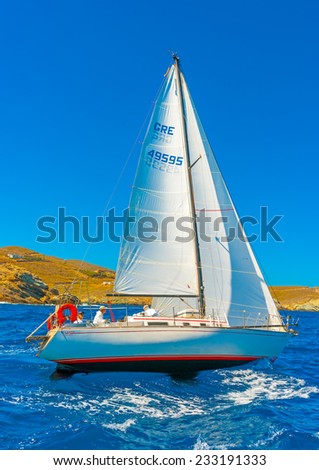 AEGEAN SEA, GREECE - JUN 2, 2013: Racing sailing boat during a regatta at Aegean sea near Kea island in Greece on Jun 2, 2013