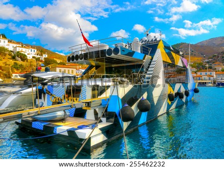 HYDRA, GREECE - OCT 05, 2013: Strange painted yacht at Hydra island in Greece on Oct 05, 2013.