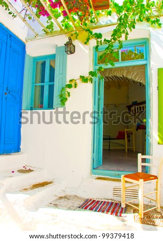 Outside of a beautiful cafe in an old traditional house in Chora the capital of Amorgos island in Greece