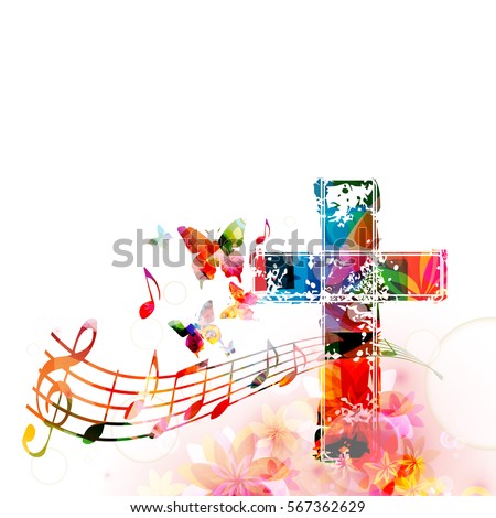 Colorful christian cross with music staff and notes isolated vector illustration. Religion themed background. Design for gospel church music, concert, choir singing, Christianity, prayer