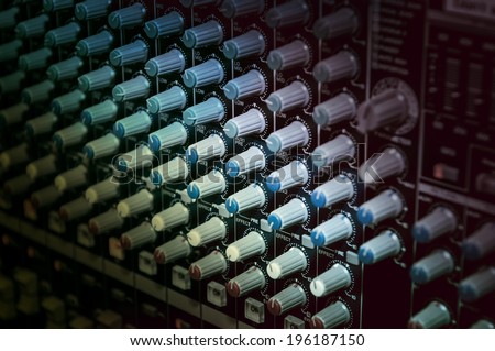 Sound mixer control panel, close-up of audio controls