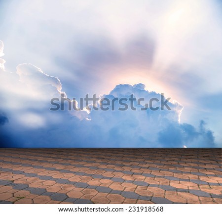 Cement brick floor with cloud and blue sky, Template for product display