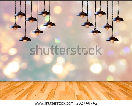 Lamp in bokeh background  with Wood plank floor, Template for product display