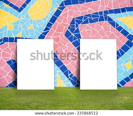 Blank Poster with Colorful mosaic tile wall and green lawn