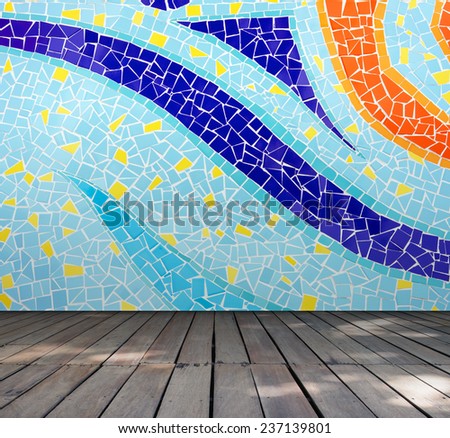 Empty room with Colorful mosaic tile wall and wooden floor interior background, Template for product display