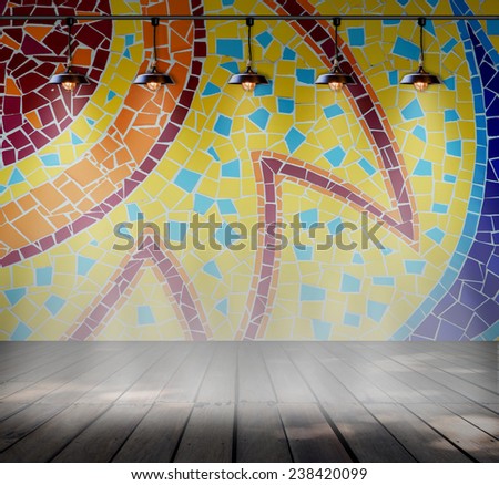 Lamp in Empty room with Colorful mosaic tile wall and Wood plank floor, Template for product display
