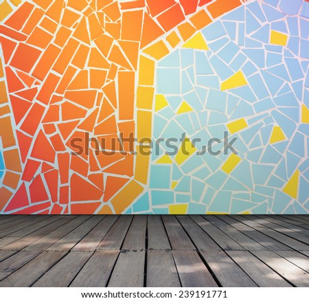 Empty room with Colorful mosaic tile wall and wooden floor interior background, Template for product display
