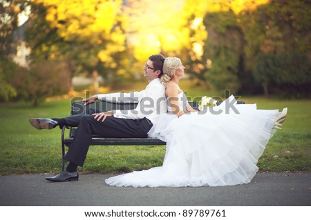 Bride and groom in a park