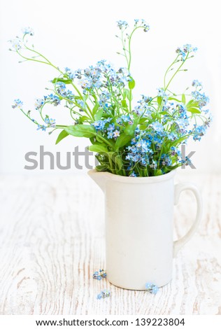 Bunch of forget-me-not flowers in white simple vase
