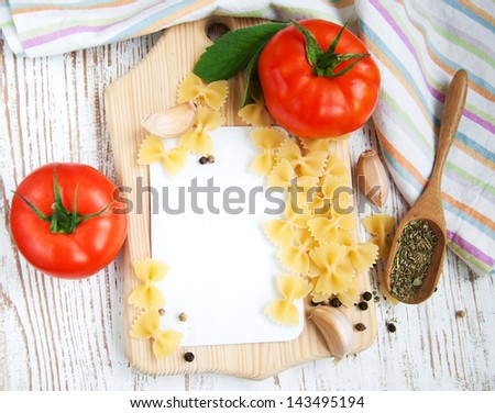 Blank Recipe card with ingredients on a wooden background
