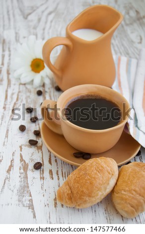 Fresh-baked croissant  coffee and milk at breakfast