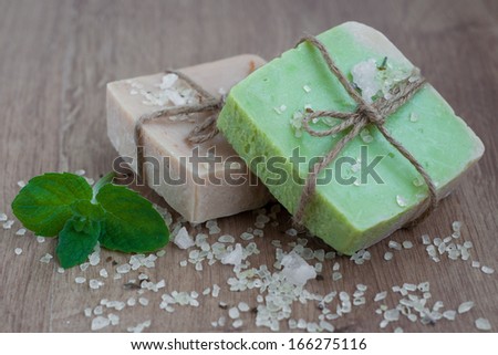Natural handmade Herbal Soap with green mint  leaves