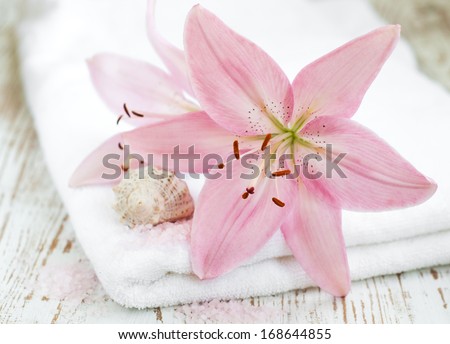Spa Towel with pink lily flower, sea salt and shell