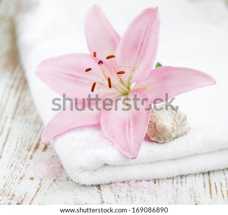Spa Towel with pink lily flower, sea salt and shell