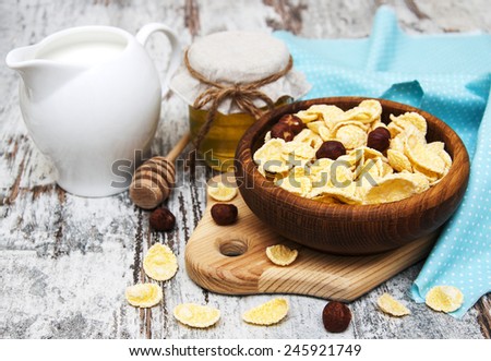 flakes with honey,  nuts and milk - healthy breakfasts