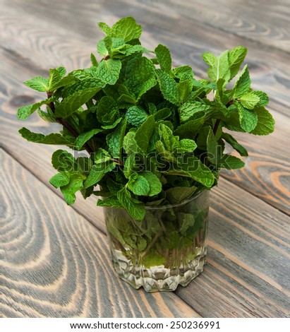Bunch of fresh mint in a glass of water on wooden background