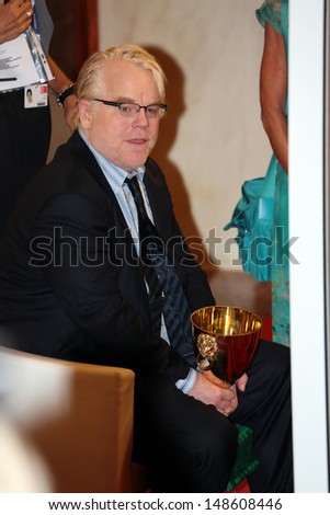 VENICE, ITALY - SEPTEMBER 08: Philip Seymour Hoffman of \'The Master\' with the Coppa Volpi Award for \'Best Actor\' during the Venice Film Festival on September 08, 2012 in Venice, Italy