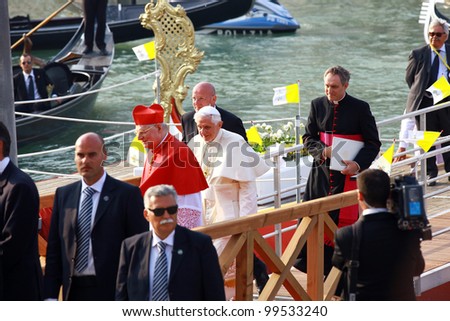 VENICE, ITALY - MAY 08: Pope Benedict XVI arrive to the Salute church during the pastoral visit in Venice  on May 08, 2011 in Venice, Italy.