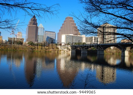 City of Austin downtown district reflecting on beautiful Lady Bird Lake, formerly Town Lake