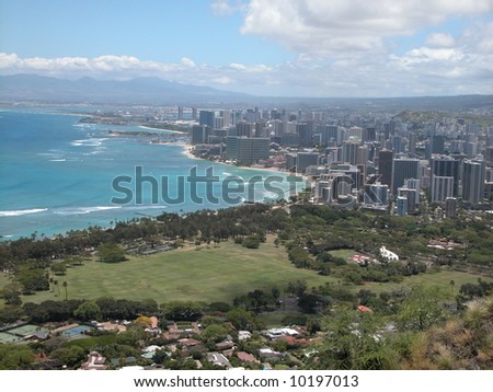 view of Waikiki beach and hotels from top of Diamond Head