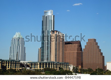 Downtown Austin Texas from Lady Bird Lake, also known as Town Lake and Colorado River.