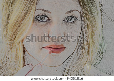 Color pencil drawing takes lifelike form as lip gloss is added by the same drawing