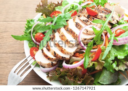 Chicken breast salad, Close up and selective focus on rocket salad. Healthy food