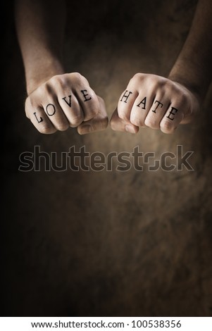 Man with Love and Hate (fake) tattoos.