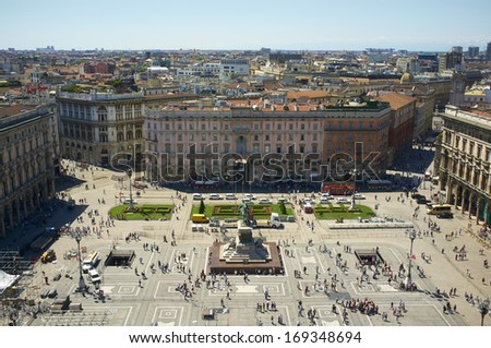 Milan, Lombardy, Italy, May 28: Piazza del duomo, the centre of the historic Milan city as seen from the roof of Milan Duomo Cathedral. May 28, 2011 in Milan, Lombardy, Italy