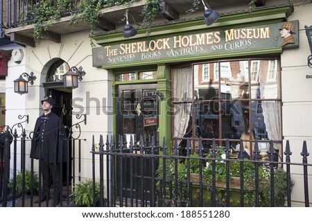 LONDON, UK - APRIL 15, 2014: The Sherlock Holmes museum is located on Baker Street and is dedicated to the fictional detective Sherlock Holmes.