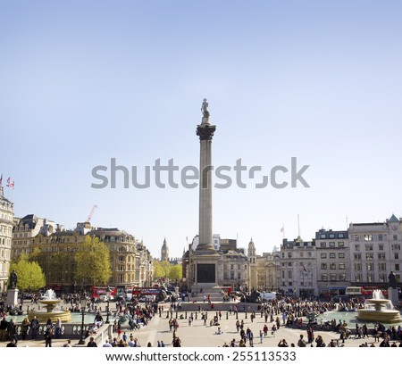 LONDON, UK - APRIL 16, 2014: Trafalgar Square is a public space and tourist attraction in central London, built around the area formerly known as Charing Cross.