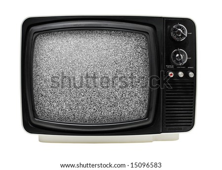 stock photo : Old 12" black & white portable television, dusty and dirty. Isolated on white. Some static noise added on the screen in post-production.