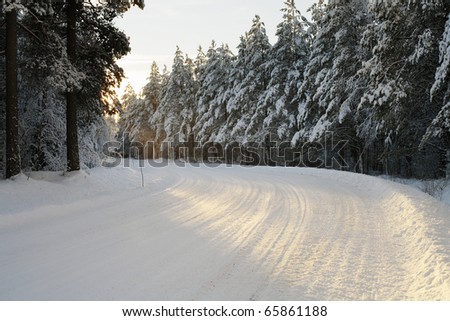 Snowy arctic winter road in the forest.