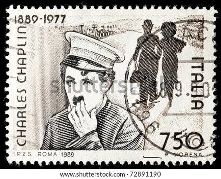 ITALY - CIRCA 1989: Stamp printed by Italy celebrating 100 years from the birth of Charles Chaplin circa 1989.