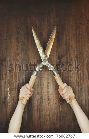 Man holding old manual hedge trimmer in front of wooden background.