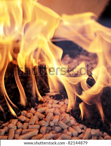 Alternative fuel: Wood pellets burning in a fireplace.