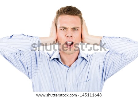 Closeup portrait of man covering his ears, headache from loud noise, isolated on white background