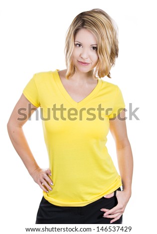 happy teenage girl in blank yellow t-shirt, isolated on a white background