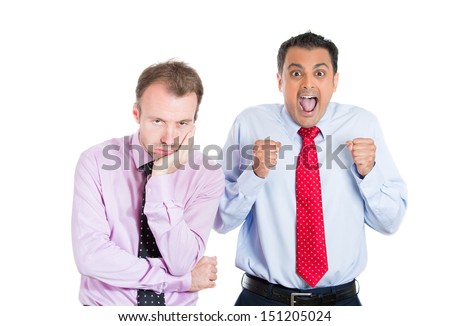 A close-up portrait of two guys, an excited, optimistic one and a bored, annoyed one, standing next to each other, isolated on white background . Human emotion spectrum. Bipolar disorder concept.