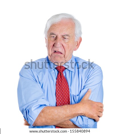 Closeup portrait of an old guy, senior executive, grandfather, with disgust on his face, something stinks,he is very displeased with the situation, isolated on white background. Interpersonal conflict