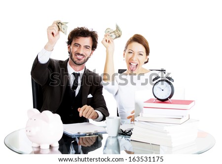 Closeup portrait of  happy couple man woman planning for future celebrating financial success, showing up dollar bills, isolated on white background. Positive human emotions, facial expressions