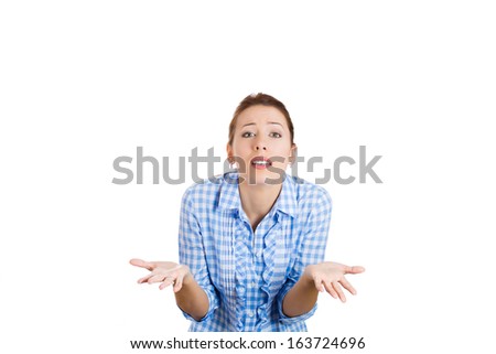 Closeup portrait of angry woman with arms out asking what\'s the problem, who cares, so what or I don\'t know. Isolated on white background with copy space. Negative human emotions facial expressions
