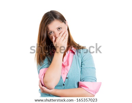 Closeup portrait of young attractive woman, unhappy student, looking very sad, upset, going through difficult times in life, isolated on white background. Human emotions, feelings, facial expressions