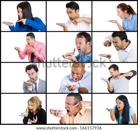 Ethnic multicultural closeup collage portrait of angry adult people shouting yelling screaming at mobile cell phone, isolated on white background. Negative human emotions, facial expressions, feelings